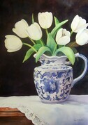 White Tulips in blue and white jug - SOLD