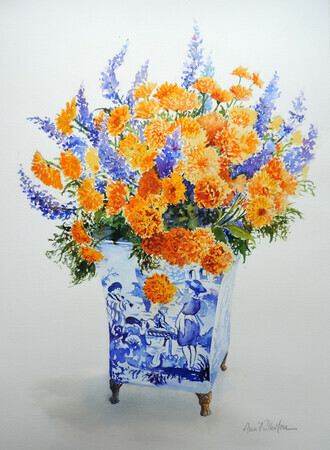 Marigolds in Blue and White pot