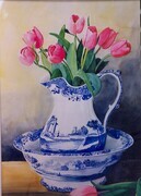 Pink Tulips in Blue and White Jug and washbasin - SOLD